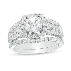 White Sapphire Cushion Frame Triple Row Bridal Ring Set Sterling Silver Size 5